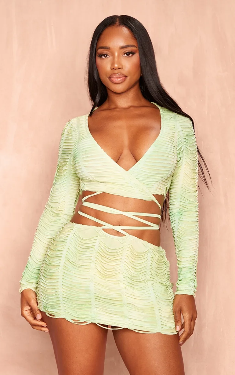 Shape Green Shredded Seamless Tie Crop Top