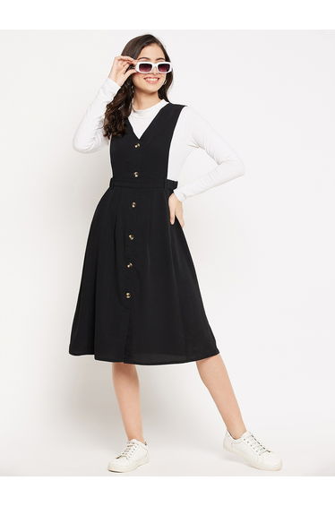 Women Black Pinafore Flared Midi Dress