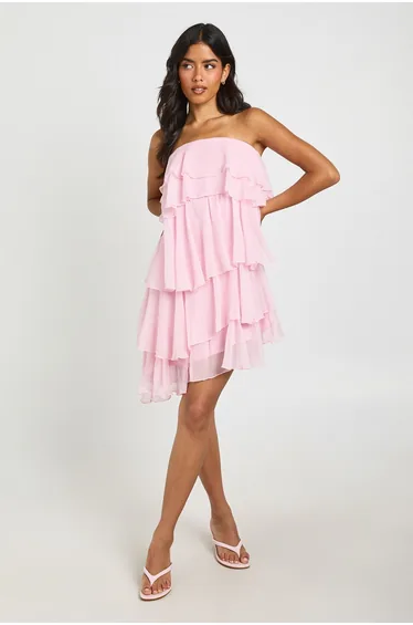 Chiffon Tiered Bandeau Mini Dress - pink