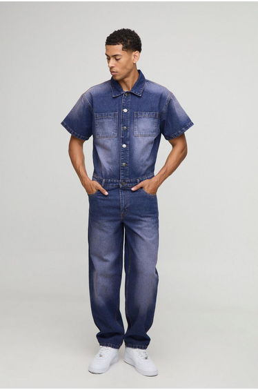 Short Sleeve Relaxed Tinted Denim Boilersuit - pink