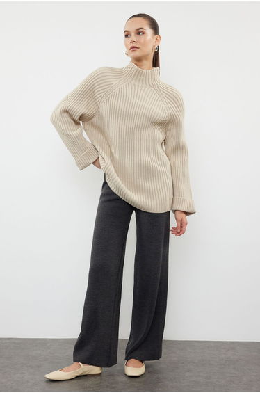 Ecru Different Colored Sweater-Pants Knitwear Top-Bottom Set