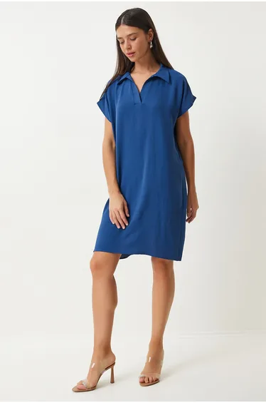 Women's Navy Blue Polo Neck Summer Loose Linen Ayrobin Dress