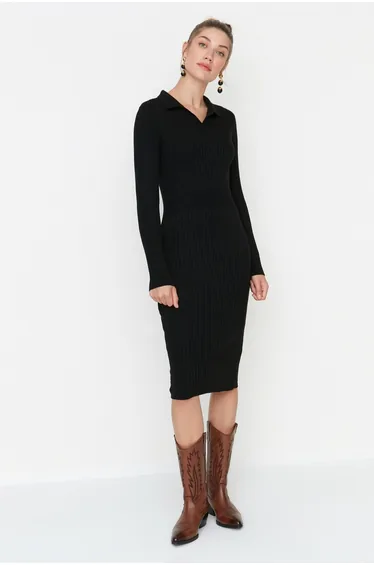 Black Bodycon Midi Dress with Long Sleeves