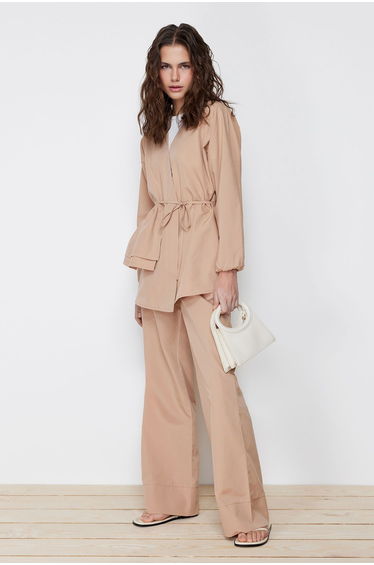 Beige Cotton Woven Kimono Trousers Two Piece Set