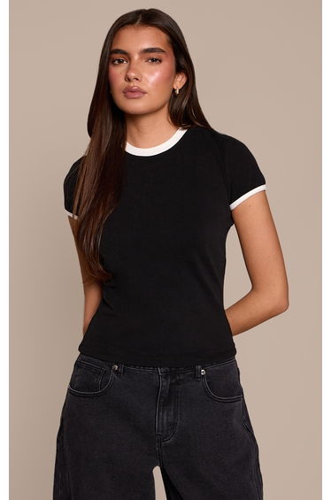 Black Contrast Soft Stretch Short Sleeve Tshirt