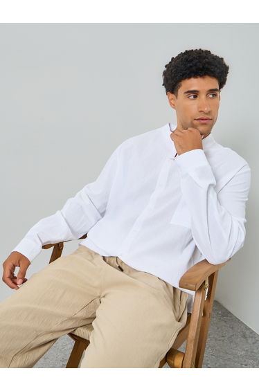 Men White Mandarin Collar Linen Shirt