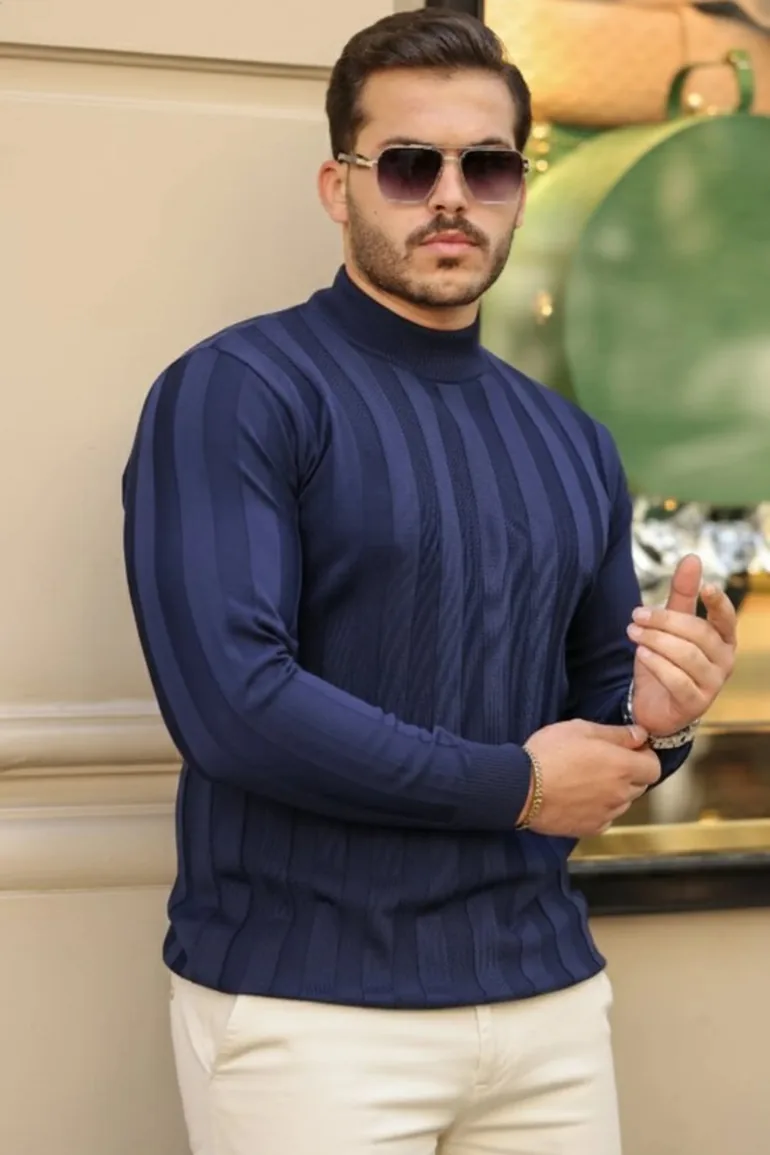 سترة أزرق محبوك بأكمام طويلة - 3