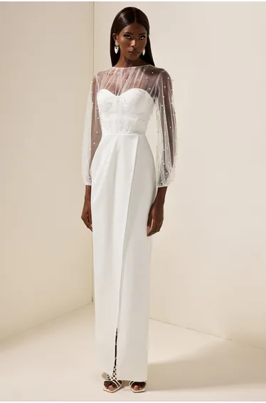 فستان ميدي بلؤلؤ صناعي لون أبيض