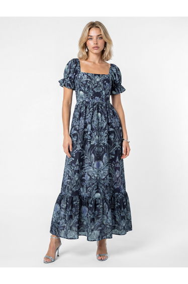 Lovedrobe Blue Floral Print Puff Sleeve Square Neck Midaxi Dress