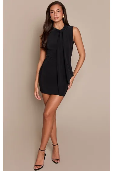 Black Double Layer Slinky Sleeveless Knot Drape Mini Dress
