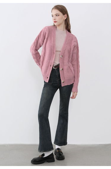 Braid Pattern Buttoned Knit Cardigan in Pink