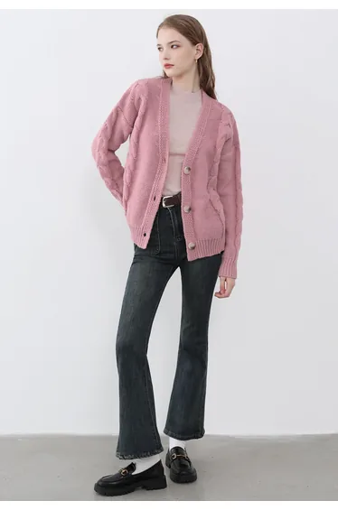 Braid Pattern Buttoned Knit Cardigan in Pink