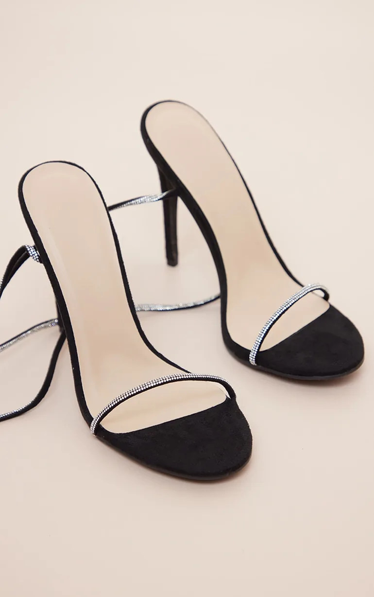 Black Glitter Lace Up Heels - 2
