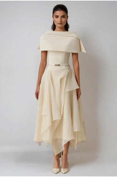 Deividas Two Piece Shawl Ruffle Midi Dress