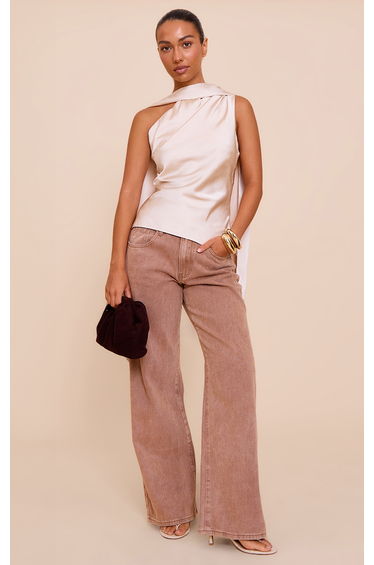 Beige Satin Asymmetric Scarf Detail Top