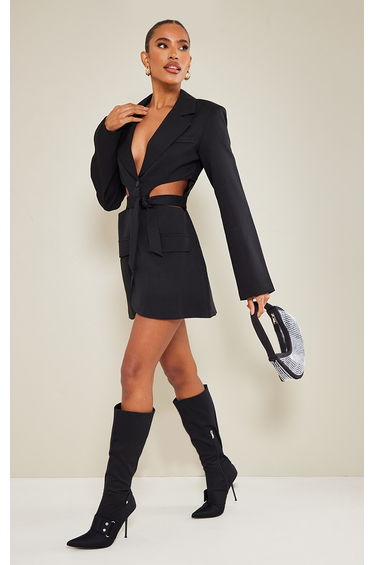 Black Plunge Side Cut Out Tie Detail Blazer Dress