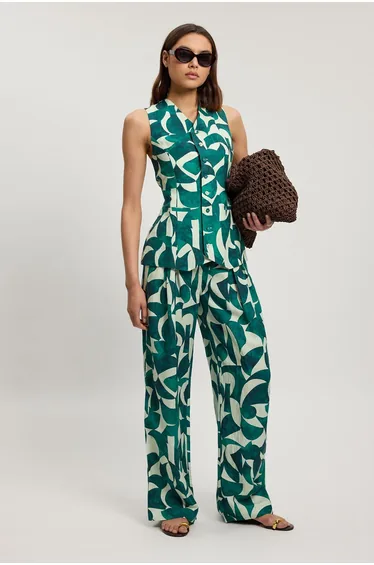 Viscose Linen Geo Print Woven Longline Waistcoat