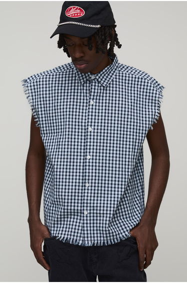 Oversized Boxy Sleeveless Raw Seams Check Flannel Shirt - grey