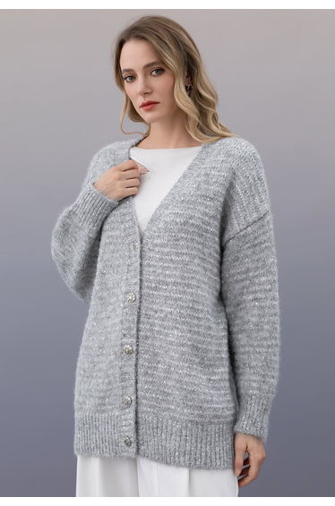 Supple Sequin Embellished Button Oversize Knit Cardigan in Grey