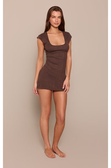 Chocolate Pointelle V Neck Pyjama Mini Dress