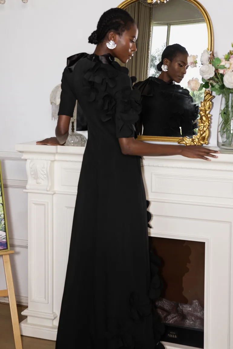 Renée 3D Flower Lace Up Maxi Dress in Black - 1