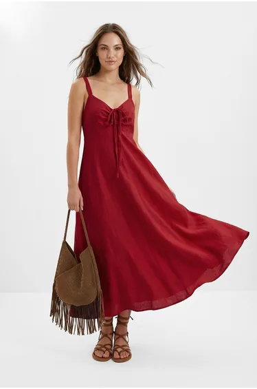 Red Linen Cross Back Strap Maxi Woven Dress