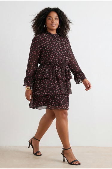 Brown Crisp Flower Pattern Mini Chiffon Lined Woven Plus Size Dress