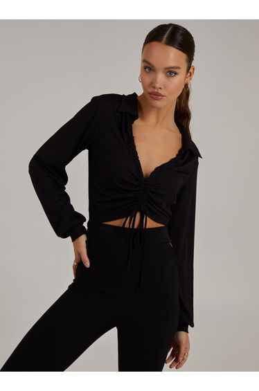 Ribbed Ruched Long Sleeve Collared T-Shirt