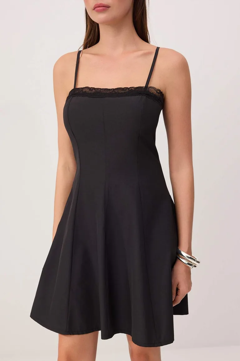 Black Lace Detailed Mini Woven Dress - 3