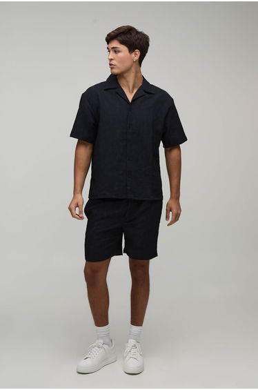 Palm Crinkle Oversized Shirt & Relaxed Short Set - black