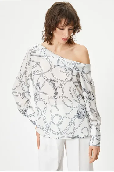 Turndown Collar Blouse Shawl Patterned Long Sleeve