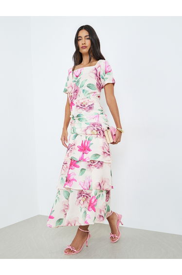 Floral Short Sleeves Tiered Maxi Dress
