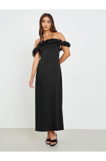 Black Off Shoulder Ruffled Maxi Dress