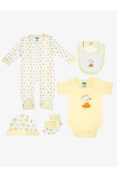 5-Piece 100% Cotton Bib, Romper, Mittens, Cap and Sleepsuit Set