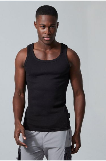Man Active Gym Muscle Fit Ribbed Vest - black