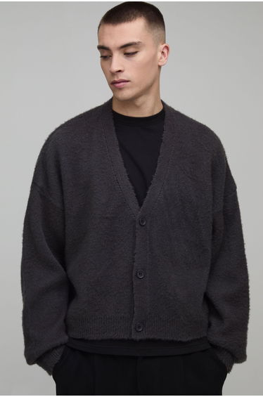 Shrunken Brushed Knitted Cardigan - charcoal