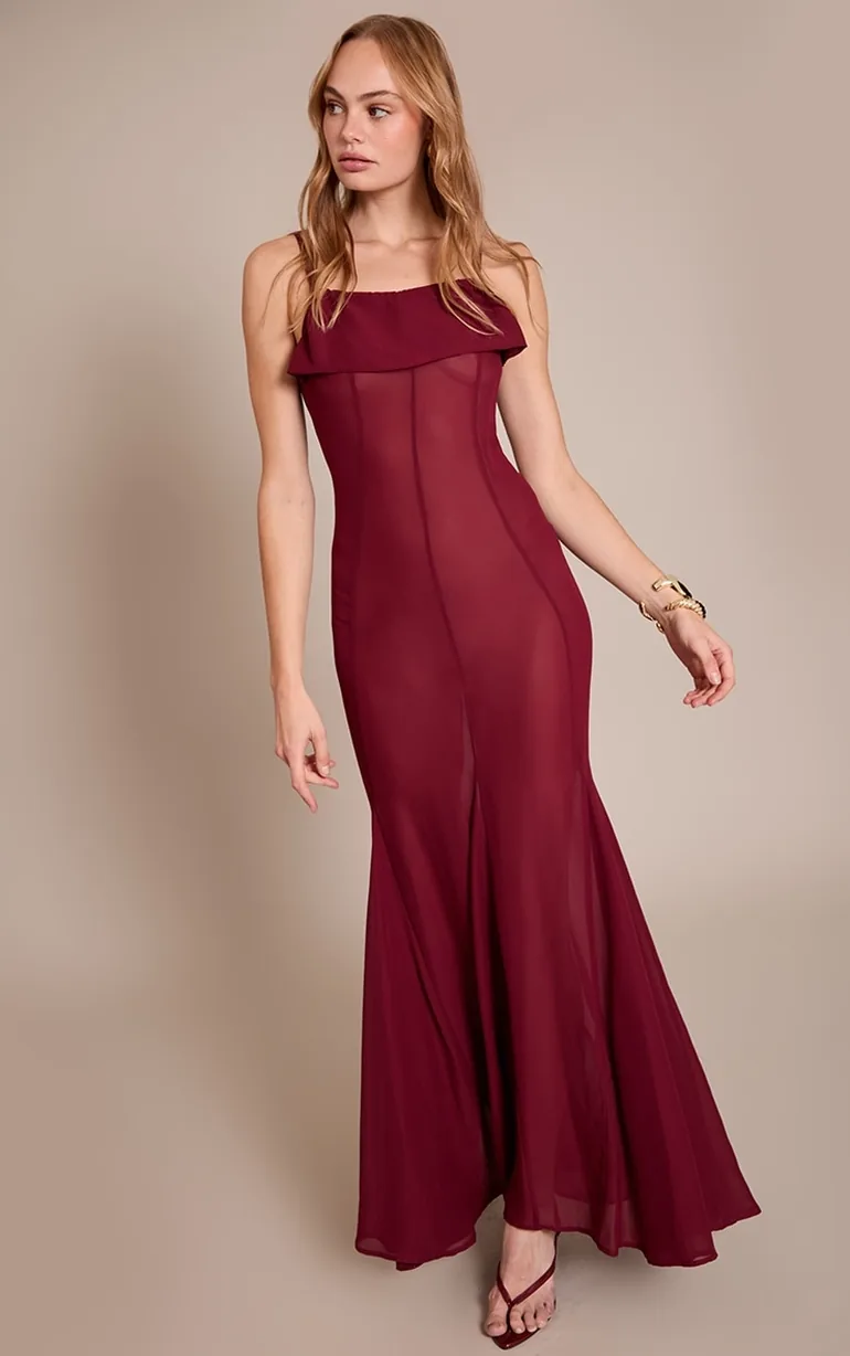 Burgundy Sheer Maxi Dress Prettylittlething Red : Evening Dresses :  VogaCloset Oman