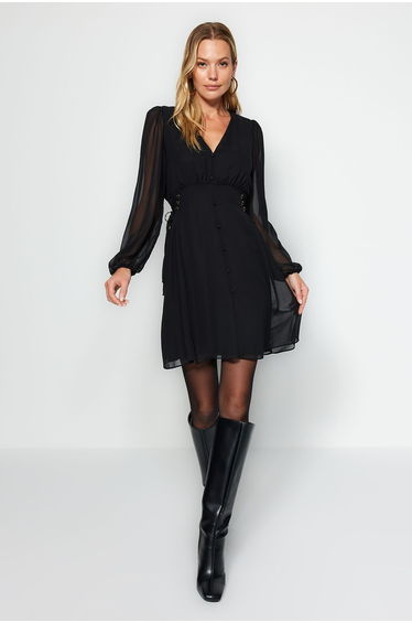 Black Chiffon A-Line Mini Skater Dress with Long Sleeves