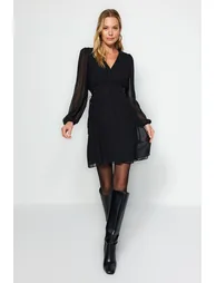 Black Chiffon A-Line Mini Skater Dress with Long Sleeves