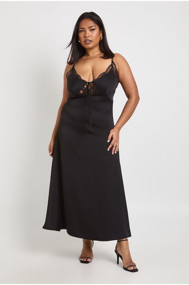 Plus Satin Lace Cup Detail Midaxi Dress - black
