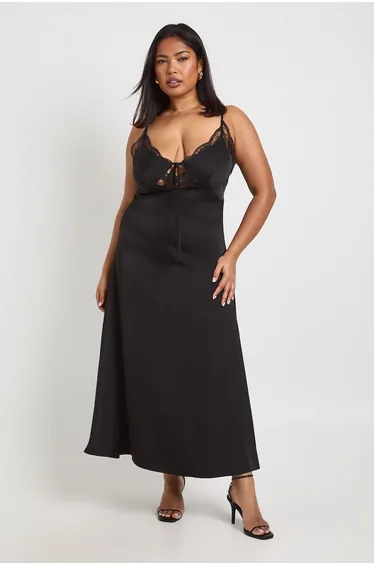 Plus Satin Lace Cup Detail Midaxi Dress - black
