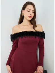 Women Off-Shoulder Evening Dress with Faux Fur - 1