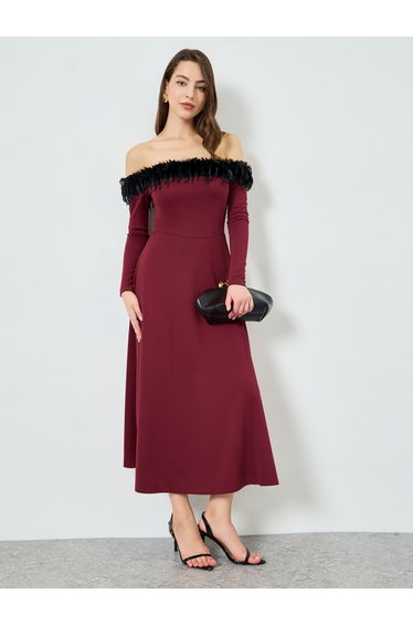 Women Off-Shoulder Evening Dress with Faux Fur