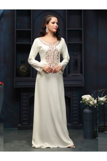 Cream Embroidered V Neck Jalabiya