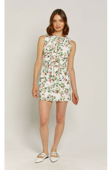 White Chili Print Tie Front Mini Dress