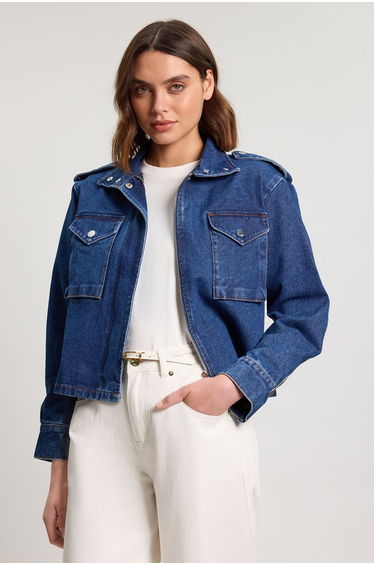 Denim Cropped Side Panel Jacket