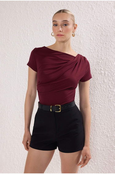 Burgundy Gathered/Drape Detailed Fitted/Skin-Fitting Knitted Blouse