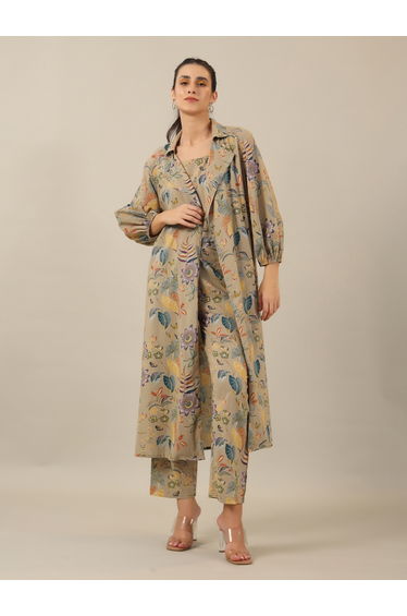 Women Beige Floral Printed Pure Cotton Top and Pyjama Set with Jacket