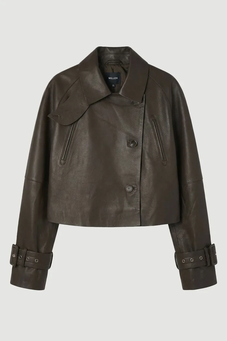 Leather High Neck Crop Trench Coat - 3