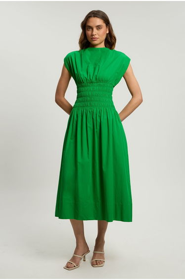 Cotton Poplin Shirred Waist Midi Dress